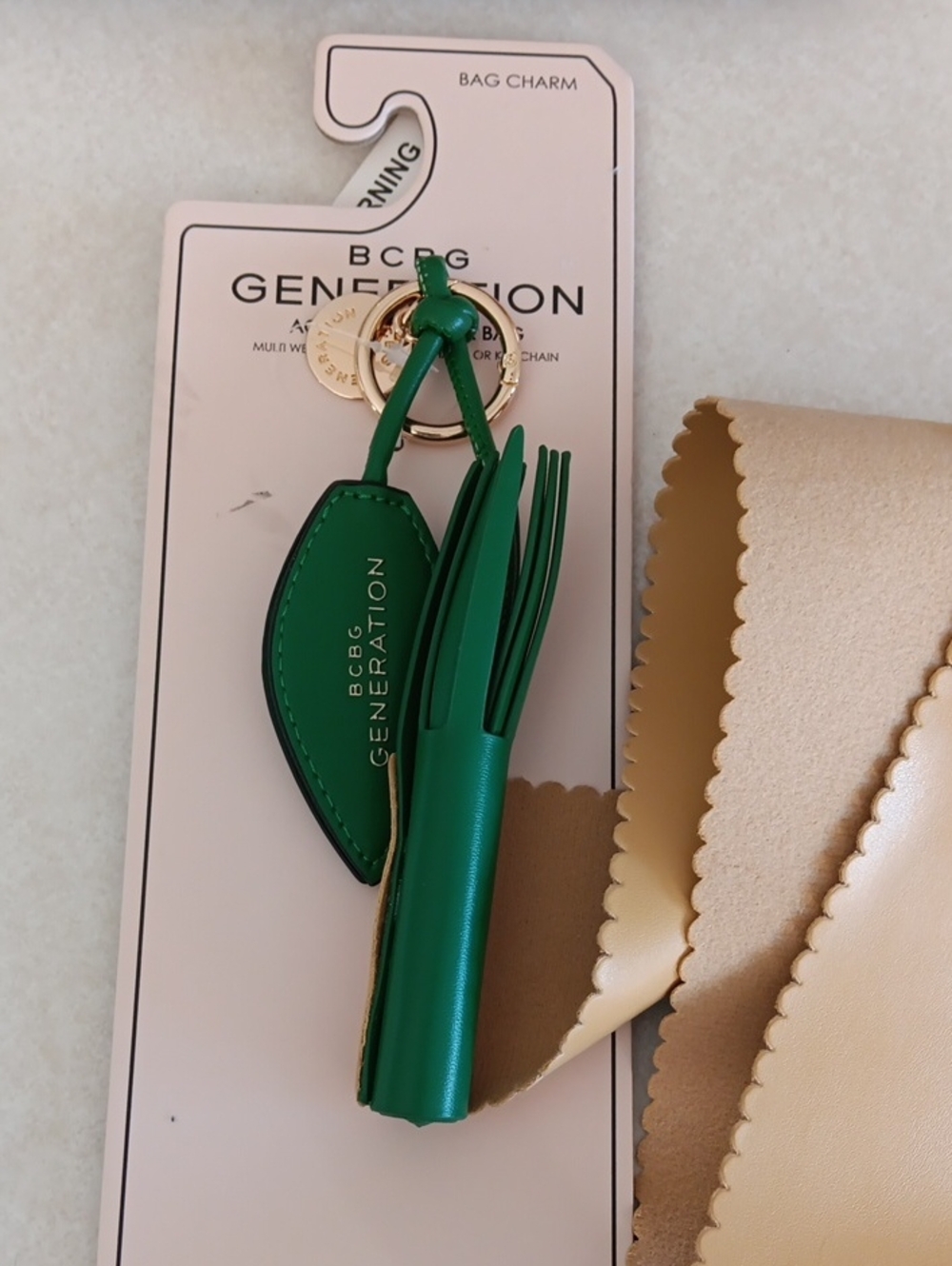 BCBGeneration Green Tassel & Leaf Keychain with Gold Ring